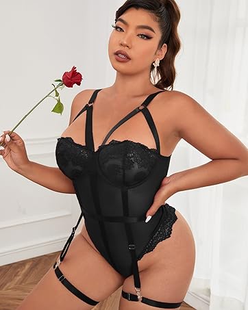 Women's Plus Size Ring Linked Cut Out Sheer Mesh Teddy Bodysuit Garter Lingerie Set