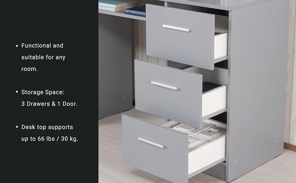 MADESA Home Office Computer Writing Desk with 3 Drawers, 1 Door and 1