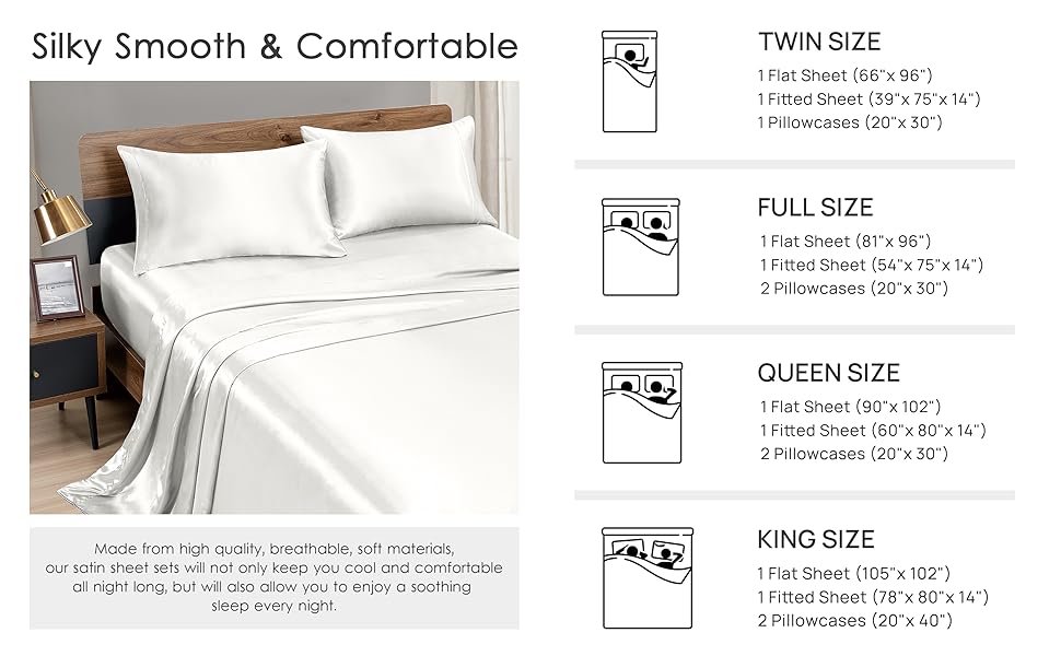 Love's cabin Full Size Satin Sheet Sets White, Silky Satin Sheet Set Full with Deep
