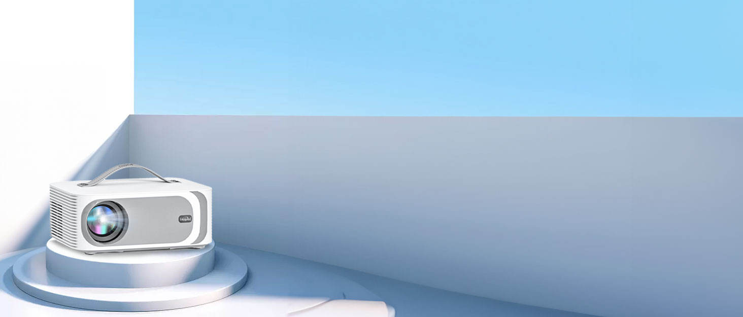 Technical product renderings on blue background showing various angles and components of an electronic device with metallic finish.
