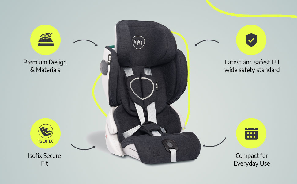 EU wide safety standard portable and compact child car seat with Isofix secure fit
