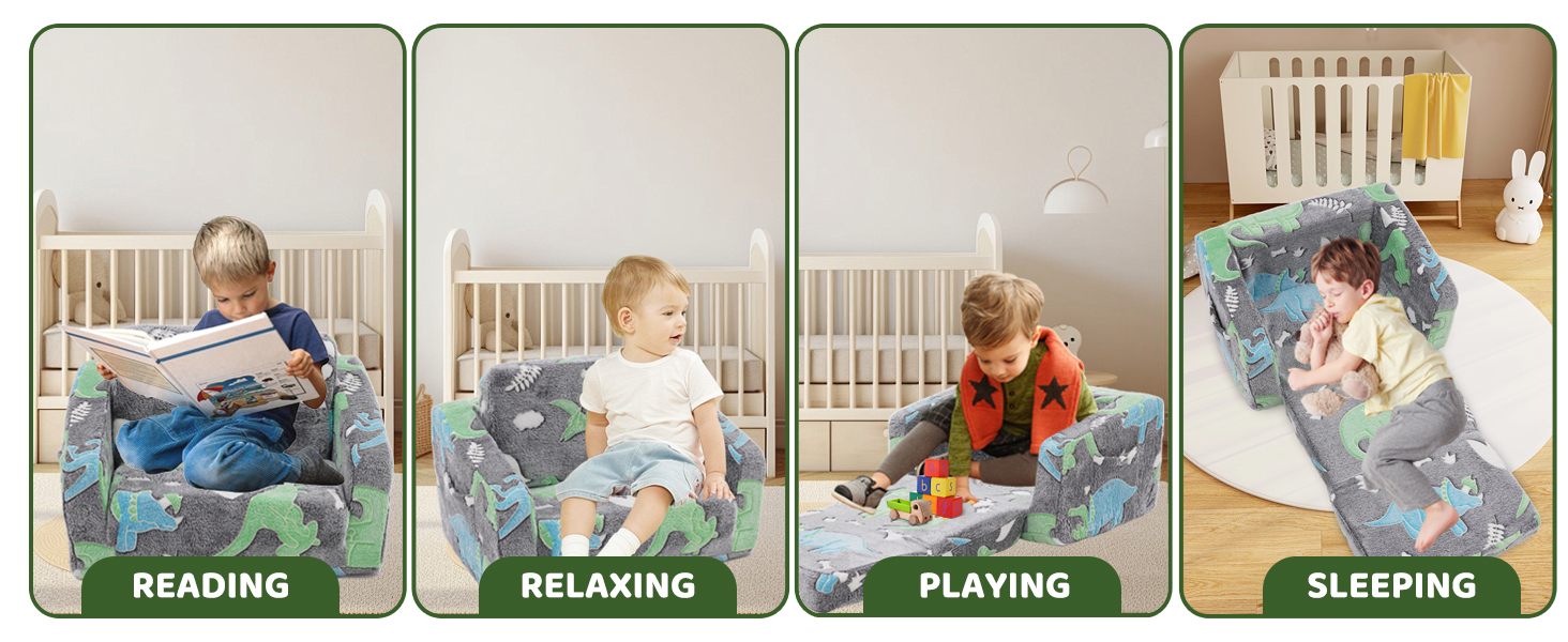 Vielseitiges Produkt für Kinder in vier Anwendungsbereichen: Lesen, Entspannen, Spielen und Schlafen. Scheint ein weiches, gemustertes Kissen oder eine Matte zu sein, die sich für verschiedene Aktivitäten anpassen