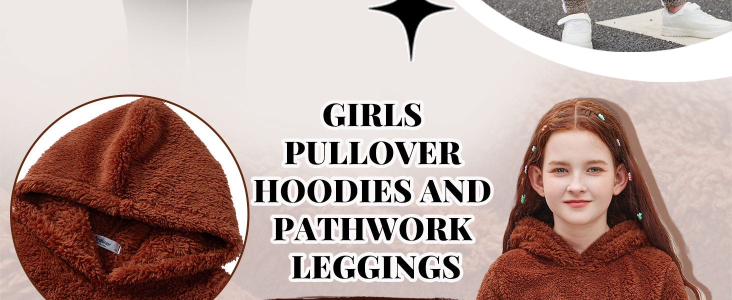 Der Text lautet „GIRLS LEGGINGS“ und „PULLOVER HOODIES AND PATCHWORK“. Produktbilder zeigen Kleidungsstücke in Brauntönen.