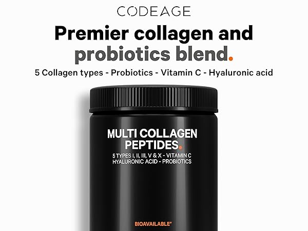 Codeage multi collagen probiotics powder, collagen vitamin c, hyaluronic acid powder supplements