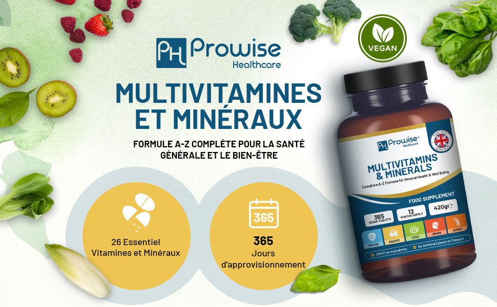 Flacon de multivitamines et de minéraux entouré de fruits et légumes frais. L'étiquette du produit indique un approvisionnement de 365 jours avec 26 vitamines et minéraux essentiels