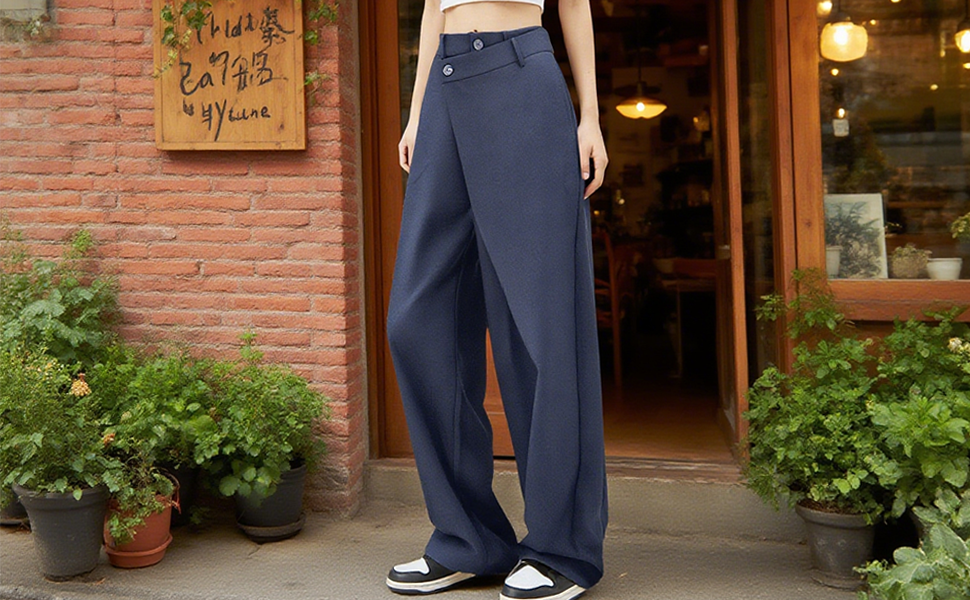 パンツ Asymmetrical waist wide straight slacks Asymmetrical Contrast Waistband Wide Leg Dress Pants | COMMENSE