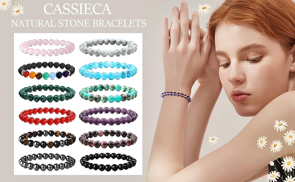CASSICEA 12Pcs 8MM Natural Beaded Bracelets for Women Men Natural