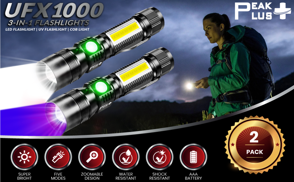 Rechargeable Flashlights UFX1000 [2 Pack] 3in1 UV Blacklight