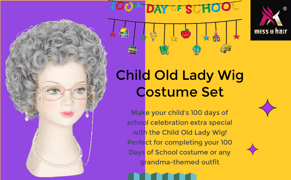 M MISS U HAIR Child Kids Old Lady Costume Wig Set for 100