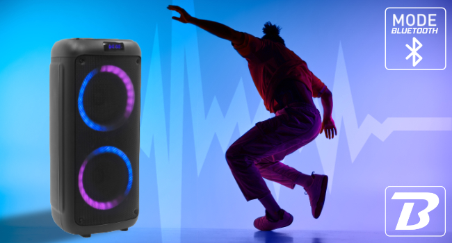 con dos luces LED circulares, que muestran los colores azul y morado. Icono de Bluetooth visible. Silueta de persona bailando en segundo plano.