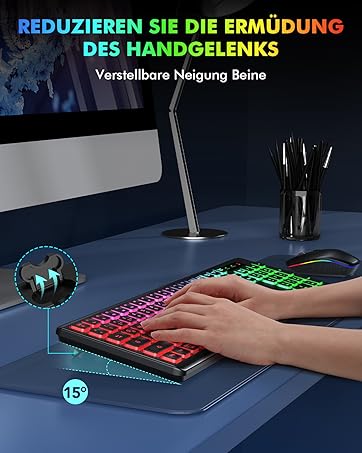 Tastatur Maus Set Kabellos Beleuchtete, wiederaufladbar & Automatischer Schlaf