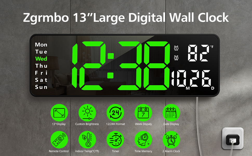 Zgrmbo 13" Digital Wall Clock with Remote Control, Large