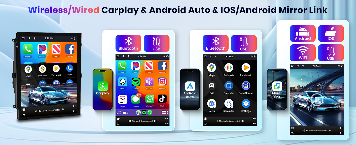 del sistema multimedia para automóviles muestra la compatibilidad inalámbrica con CarPlay y Android Auto, con varias pantallas de teléfonos inteligentes que muestran funciones de conectividad y duplicación