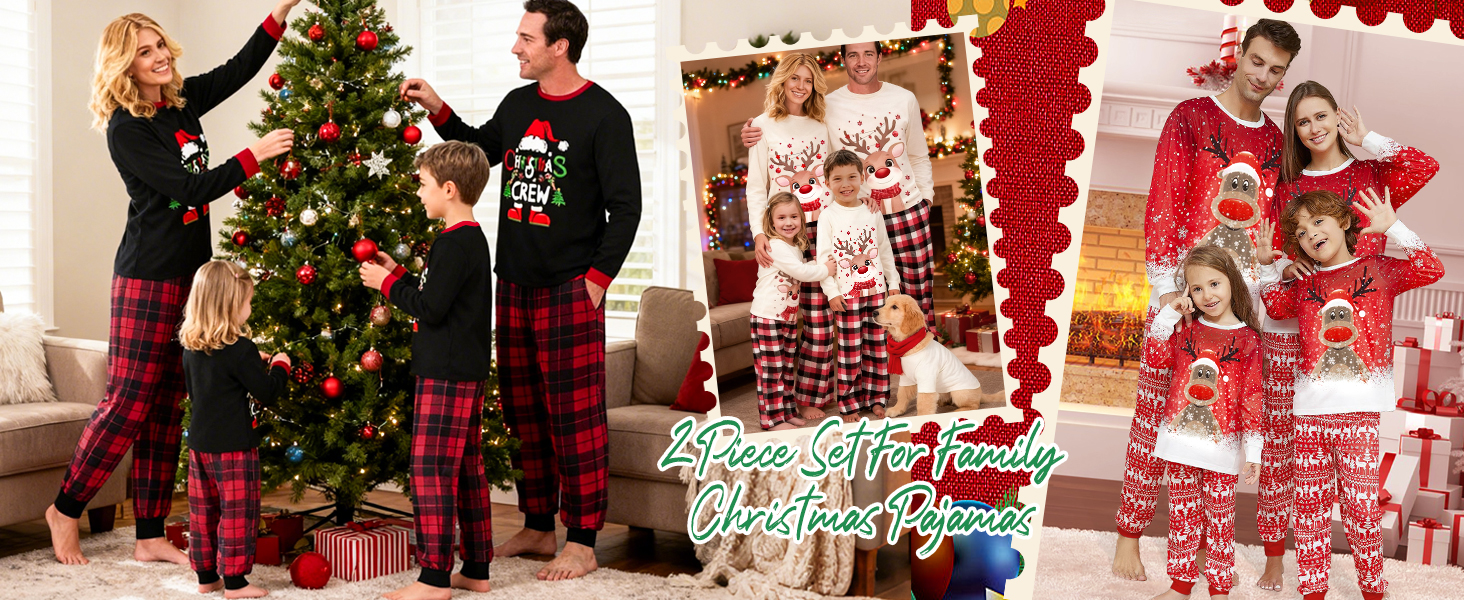 Serie de fotos navideñas que muestran a personas en pijama a cuadros decorando el árbol de Navidad e intercambiando regalos en un ambiente festivo.