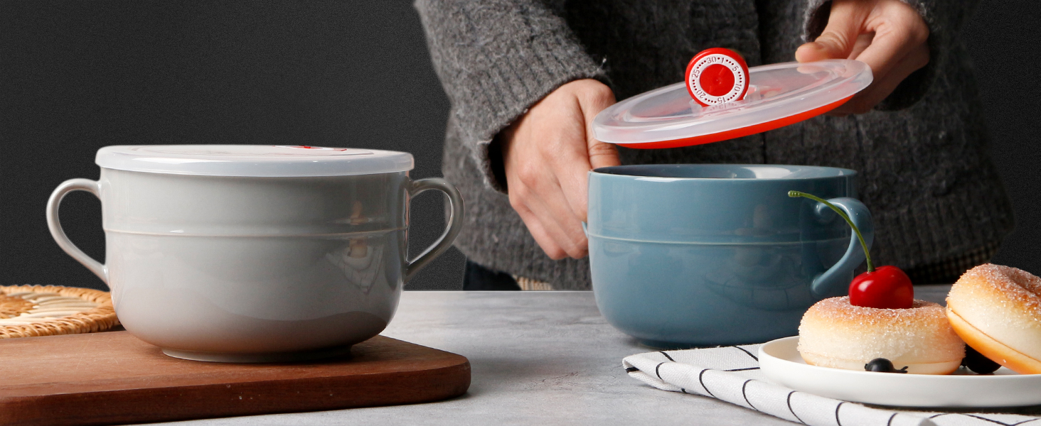 NUTRIUPS Large Ceramic Soup Bowl with Handles, 900ml Soup Mug with Lid