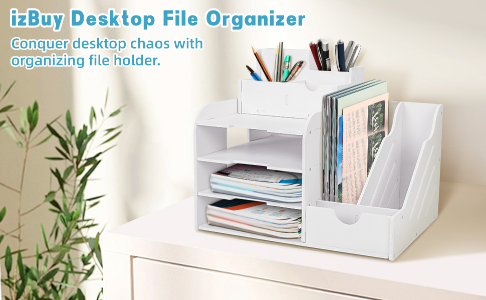 izBuy 4 Tier White Desk Organizer with File Holder, Paper