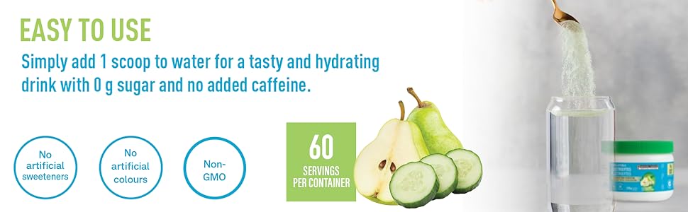 Easy to use. Simplay add 1 scoop to water. No artificial sweeteners. No artificial colours