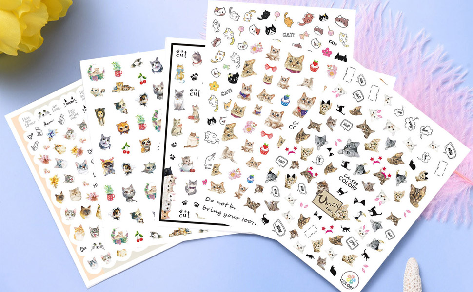 Cute Cat Nail Art Stickers, 3D Little Animal SelfAdhesive