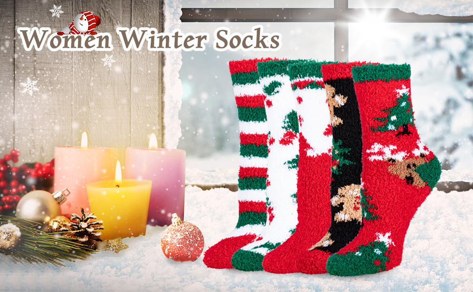 Holiday-themed winter socks display featuring festive red, green, and white patterned socks with Christmas designs, alongside lit candles and ornaments.