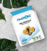 White pouch labeled 'HealthOmni Bee Propolis' with images of honeybees and oranges. Package indicates it's a dietary supplement containing natural ingredients.