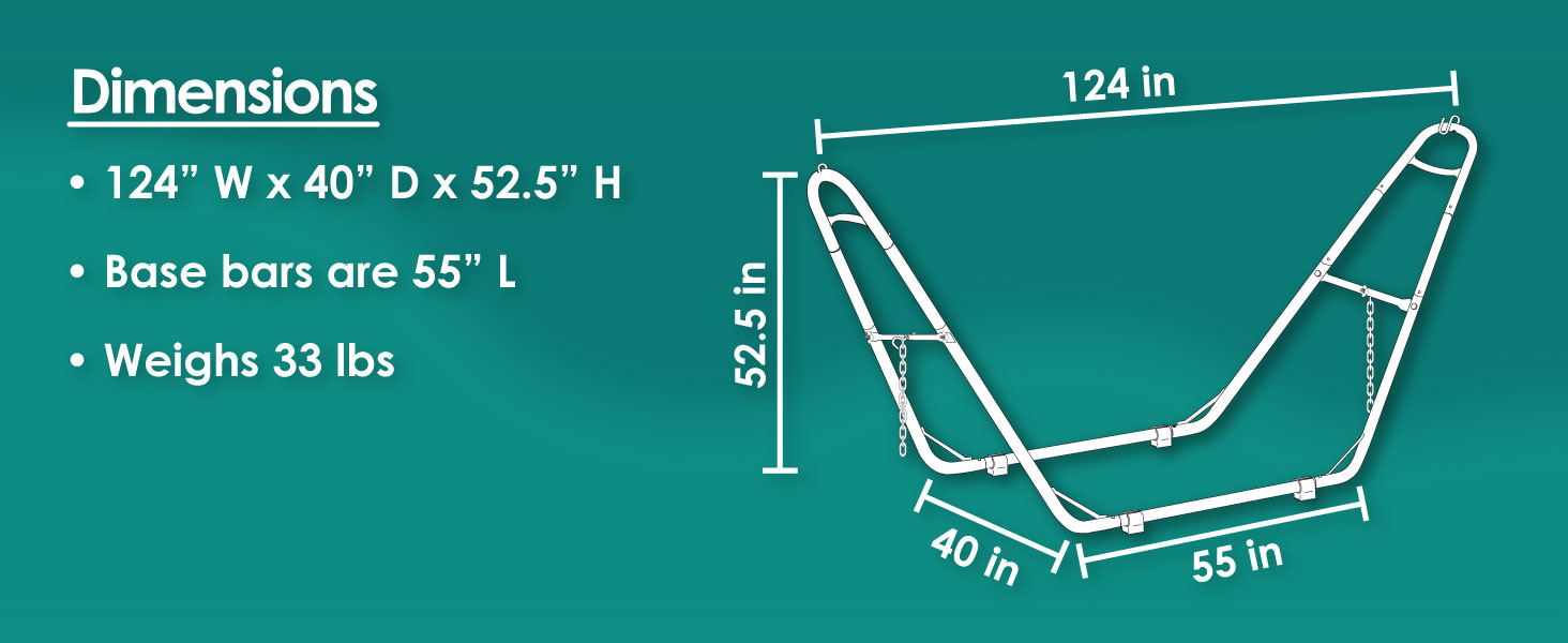124 inch width 40 inch depth 52.5 inch height base bars are 55 inches long weighs 33 pounds