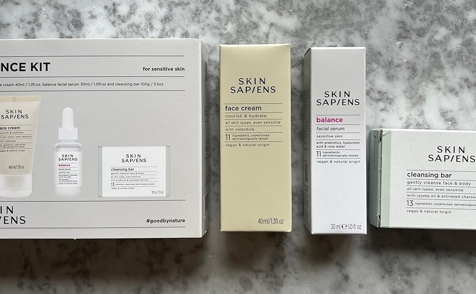 skin sapiens balance kit for sensitive skin, face cream, balance serum, soap-free cleansing bar