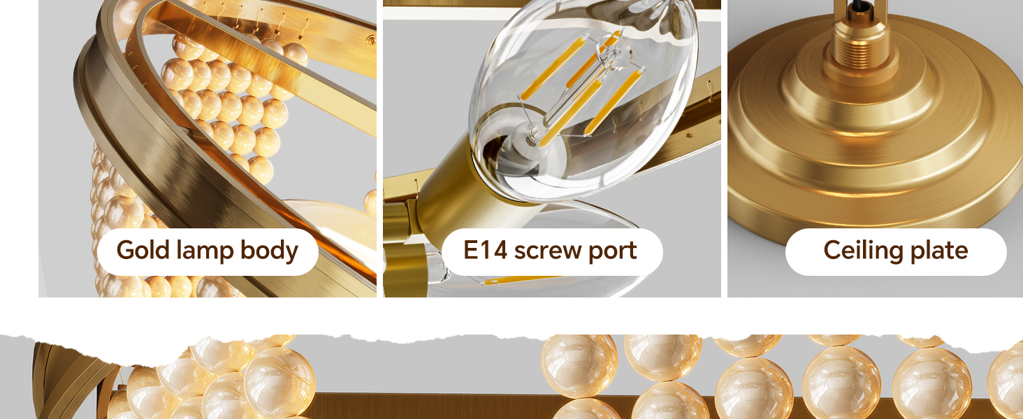 WFOTPZUK 18Inch Retro Pearl Chandelier, 3 Lights E14 Gold Chandelier Vintage Round Pendant Lighting