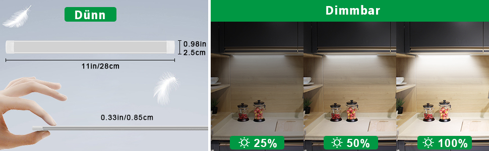 Geteiltes Bild zum Vergleich dünner und dimmbarer Beleuchtungsoptionen. Links zeigt ein Licht mit schlankem Profil, rechts zeigt Helligkeitsstufen von 25%, 50% und 100%