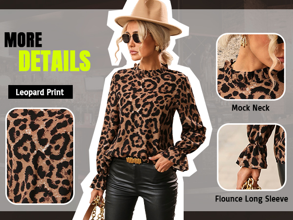 Floerns Women's Leopard Print Long Sleeve Frill Trim Mock