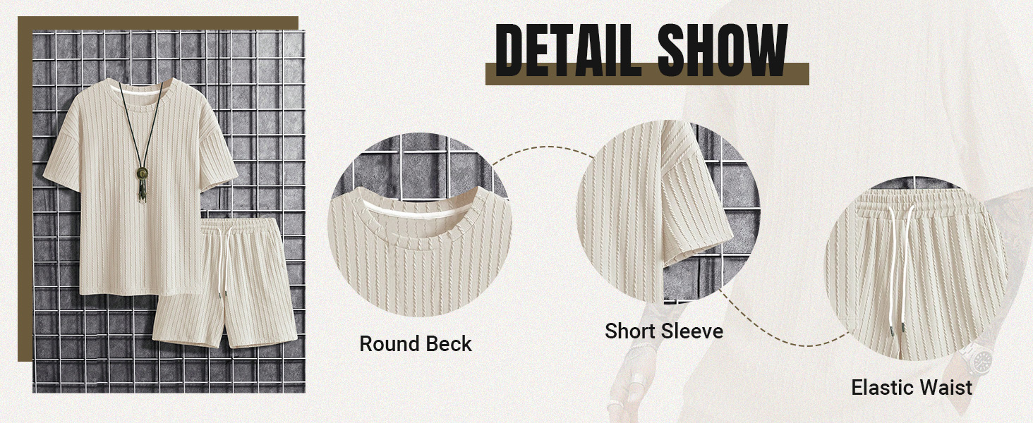 Men's 2 Piece Outfits Textured Drop Shoulder Short Sleeve Tee Tops and Short Sets Summer Outfits