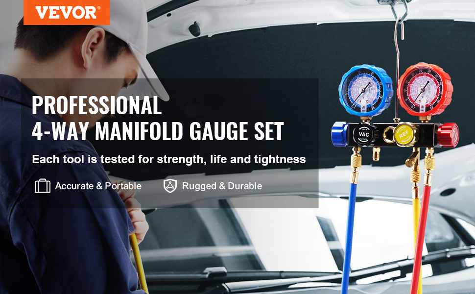 VEVOR 4 Way AC Gauge AC Manifold Gauge Set for R134A R22 R12 R410A