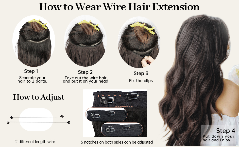 KooKaStyle Invisible Wire Hair Extensions with Transparent Headband Adjustable Size