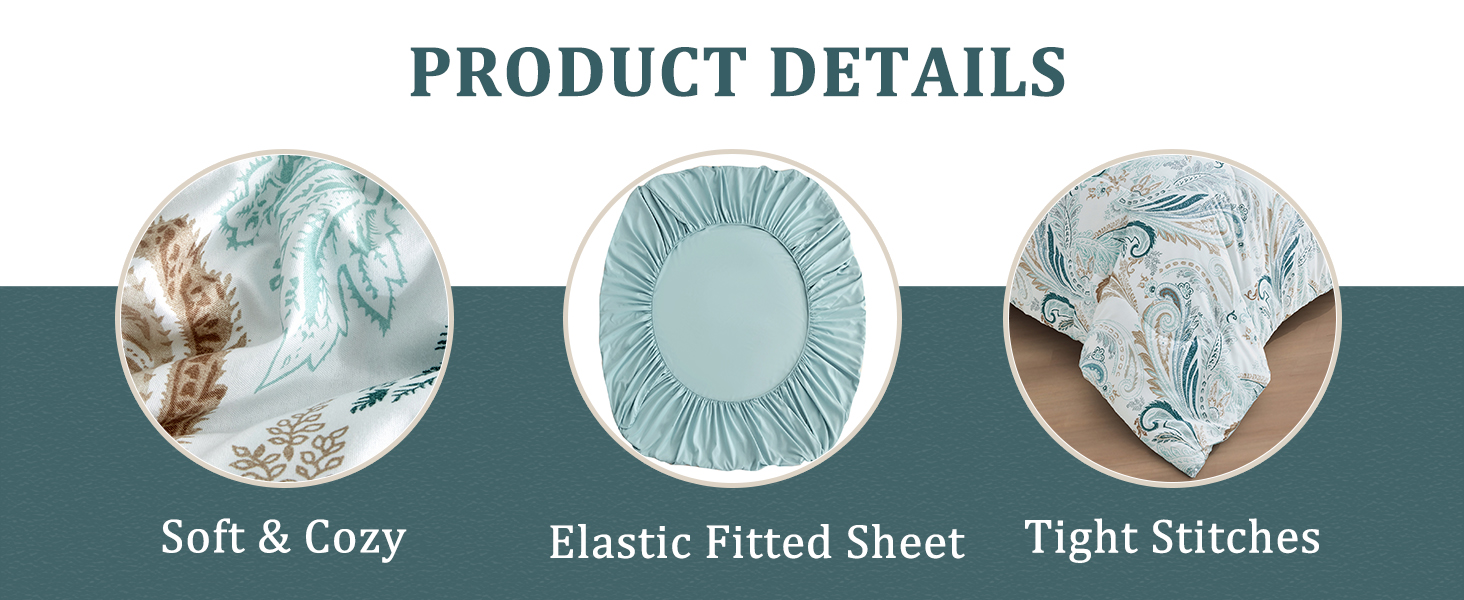 Luxudecor Boho Comforter Set Queen, 8 Pieces Bed in a Bag Blue Paisley Floral