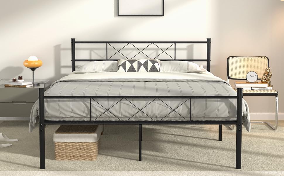 VECELO Queen Metal Platform Bed Frame with Headboard