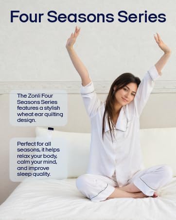 A woman showing Zonli Four Seasons Series bedding and its features.