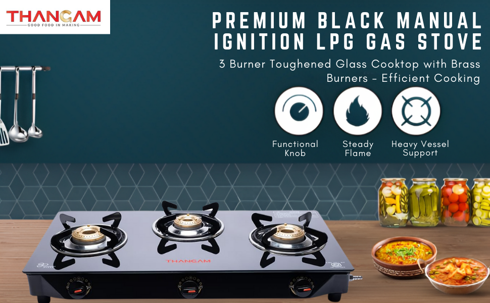 Thangam Premium Black Manual Ignition LPG Gas Stove Burner Toughened Glass Cooktop with Brass