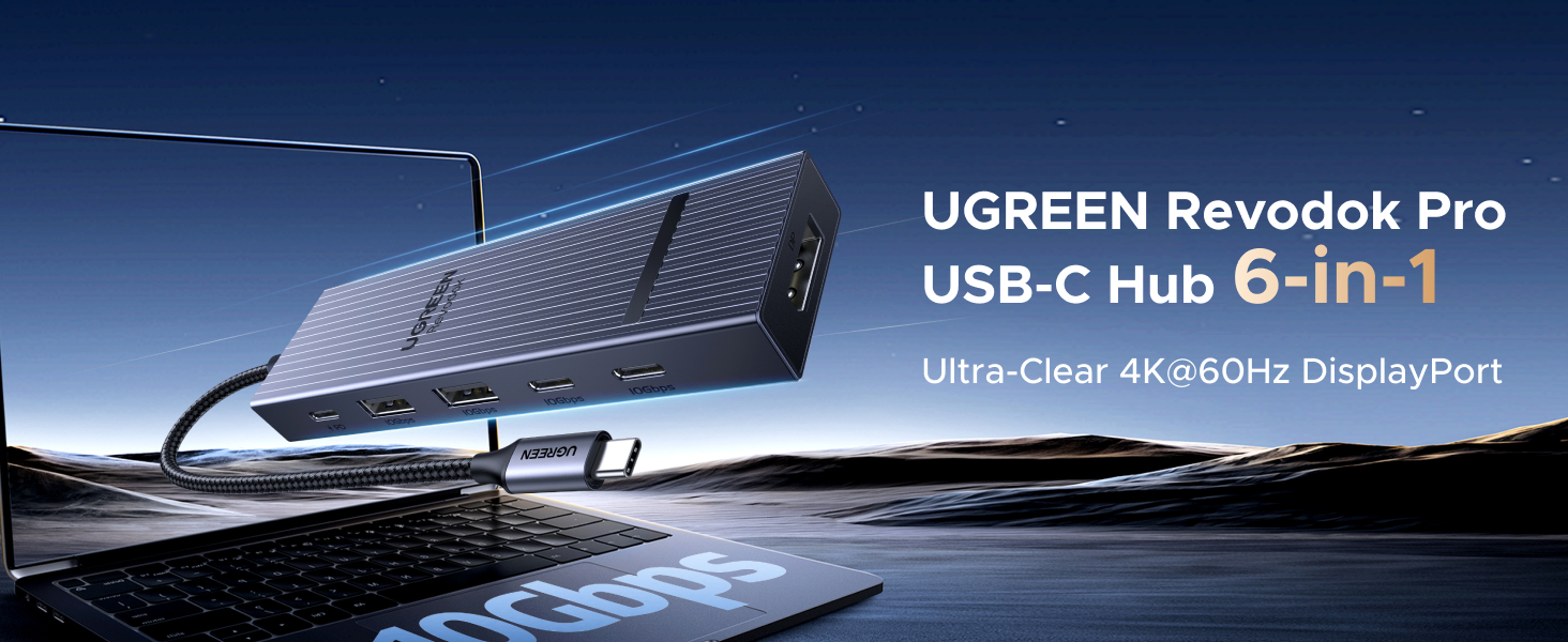 Text reads: 'UGREEN Revodok Pro USB-C Hub 6-in-1'. Product promotional image showing sleek USB hub device against dark background with blue lighting effects.