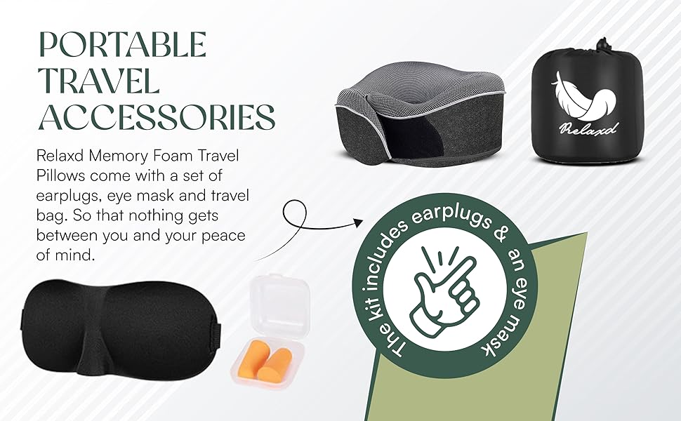 Relaxd Travel Pillow for Adults | Adjustable Memory Foam Neck Pillow for Travel | 360 Degree Neck Support | Removable Pillow Case | Includes Eye Mask, Earplugs, Travel Bag | Dark Grey | UK Brand 11 Portable Travel Accessories