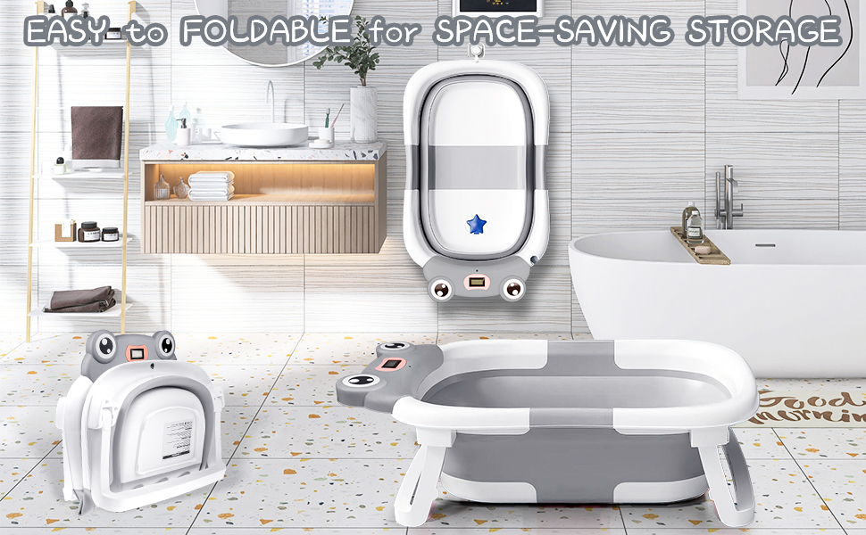 Collapsible Baby Bathtub with Real-time Temp Monitor+Floating Cushion,Foldable Baby Bath Tub Set