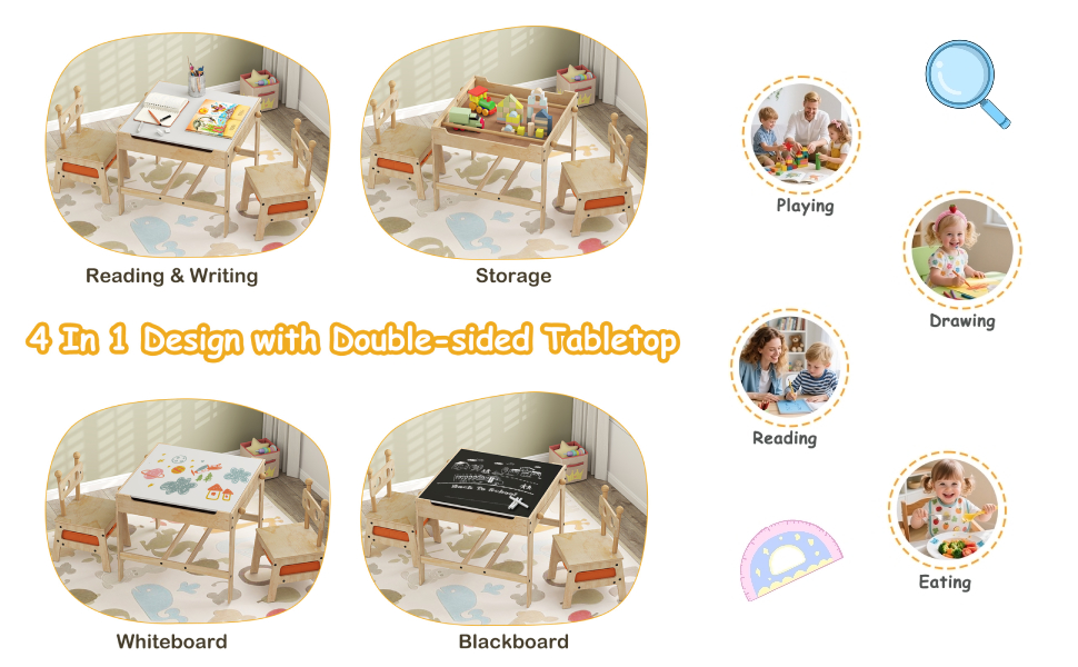 Text reads '4 in 1 Center with Double-sided Fabrics'. Multiple product views showing transformable baby furniture or play center with various configurations and features.