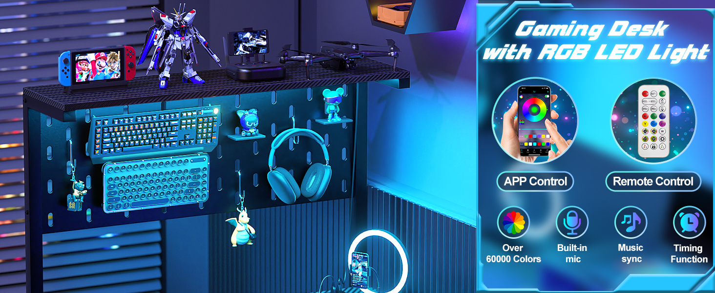 LED gaming desk with shelf & DIY pegboard easily to set up desk with gaming device and gaming decor