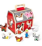 Melissa & Doug Wooden Take-Along Barn Toy with Flip-Up Roof and Handle, 10 Farm Play Pieces, Shap...