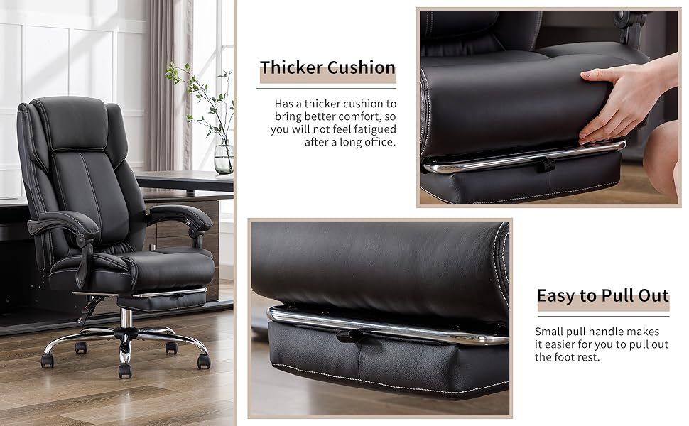 DYHOME Big and Tall Black Leather Office Chair Reclining with Footrest