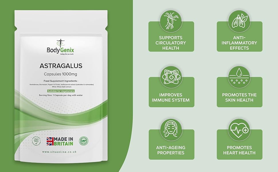 Bodygenix Astragalus 1000mg Capsules 100 Natural Food Supplement for