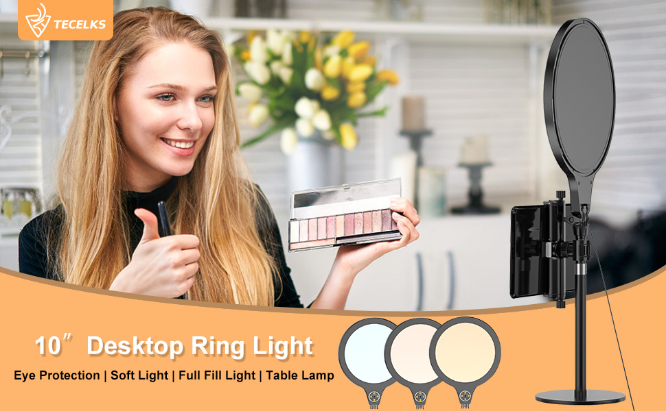 10" Desktop Ring Light with Stand, 2 in 1 Phone/Tablet