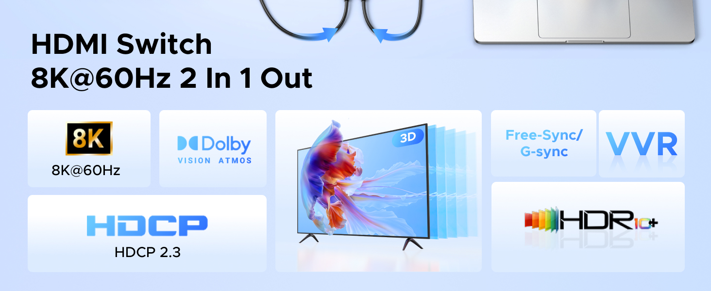 HDMI switch product display showing 8K@60Hz specification, HDR support, and VRR features with TV screen visualization