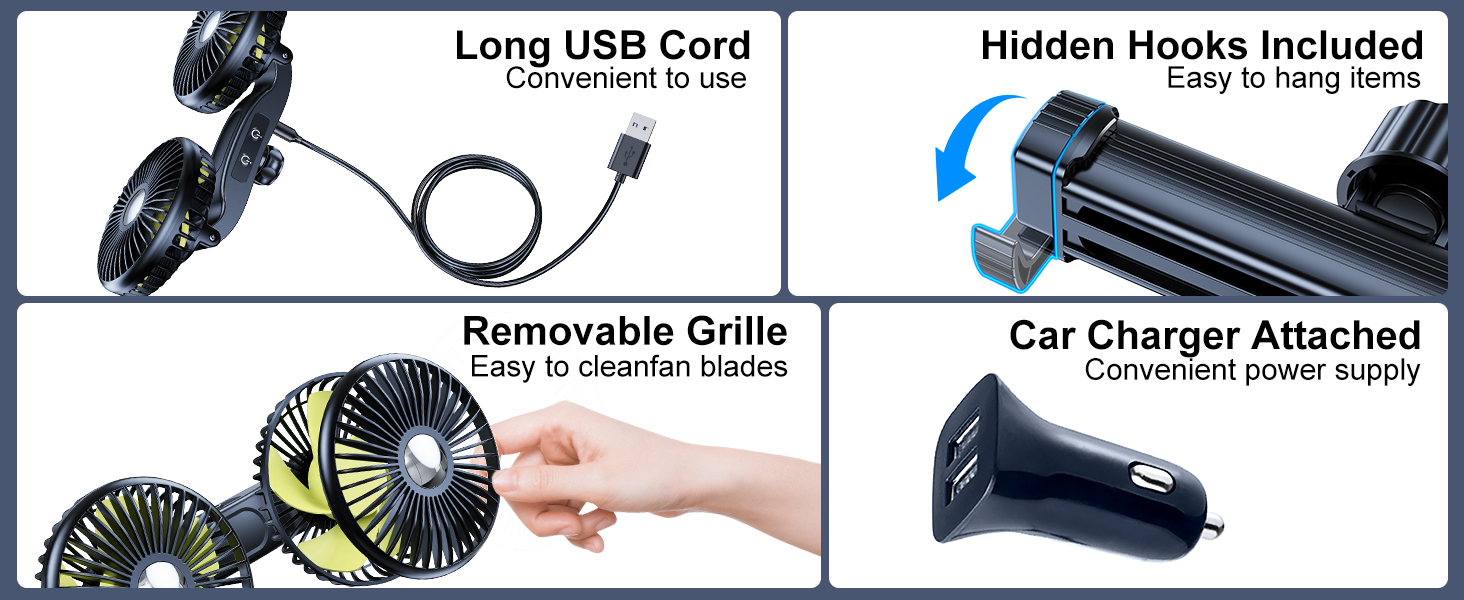 DICMKY Dual Head Car Cooling Fan for Back Seat with Long Arm, 360 Rotatable, USB Powered, 