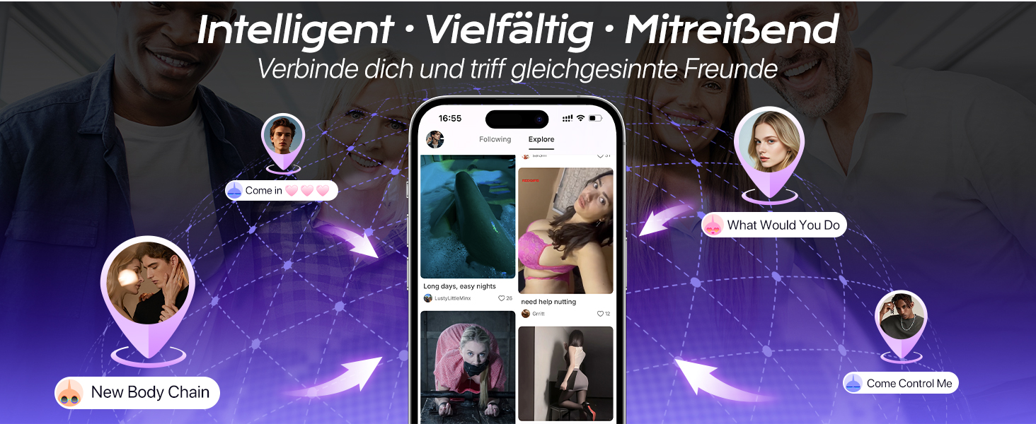 Der Text lautet „Intelligent • Vielfältig • Mitreißend“. Oberfläche im Social-Media-Stil mit mehreren Foto-Miniaturansichten mit Profilsymbolen vor einem lila Sternenhintergrund.