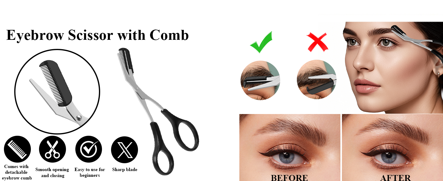 Eyebrow scissors with attached comb tool, shown with before/after demonstration images of eyebrow grooming results.