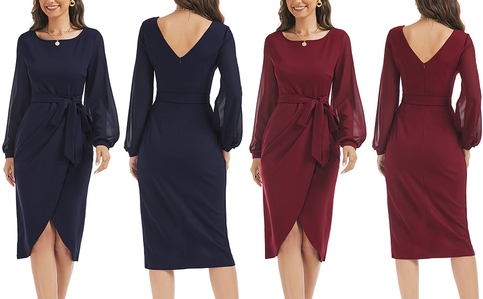 Women's Chiffon Long Sleeve Bodycon Dresses Belted Ruched Casual Work Cocktail Party Midi Dress